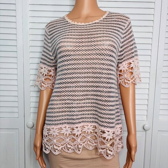 LEO & UGO Short Sleeve Striped Knit Sheer Sweater Size 8 - Picture 1 of 8